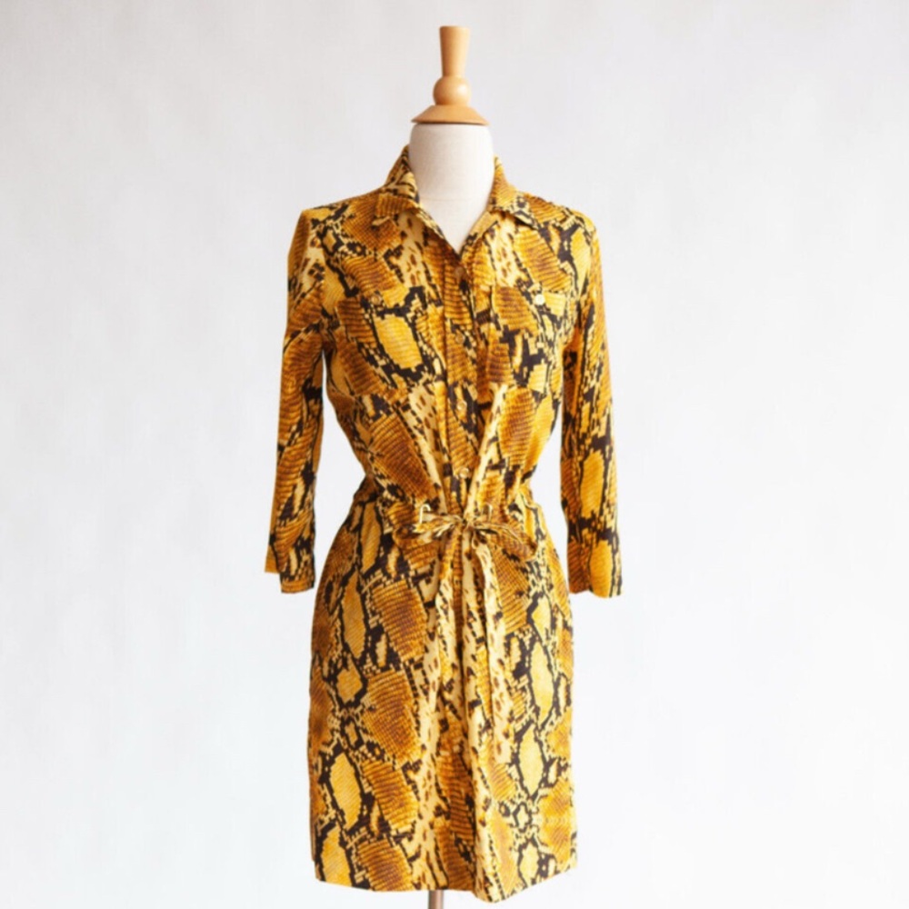 New York and Company Yellow Snake mini dress gold buttons self belt Size L